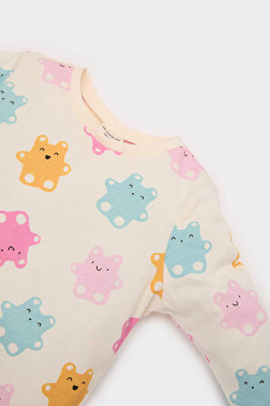 Kız Bebek Pijama Takımı Ayı Baskılı Uzun Kollu Penye Üst Beli Lastikli Uzun Alt