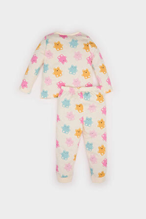 Kız Bebek Pijama Takımı Ayı Baskılı Uzun Kollu Penye Üst Beli Lastikli Uzun Alt