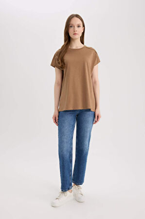 Traditional Bisiklet Yaka Flamlı Pamuk Kısa Kollu Tişört