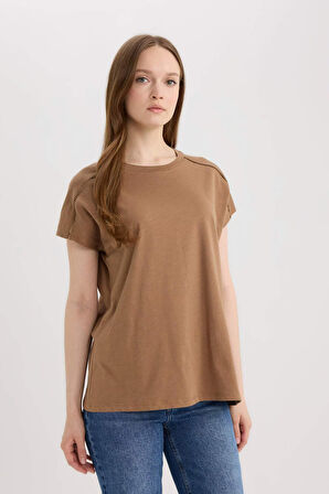 Traditional Bisiklet Yaka Flamlı Pamuk Kısa Kollu Tişört