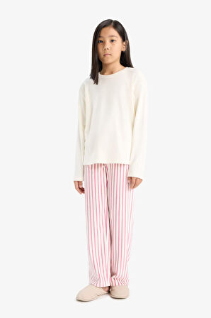Kız Çocuk Pijama Takımı Uzun Kollu Üst Çizgili Uzun Alt