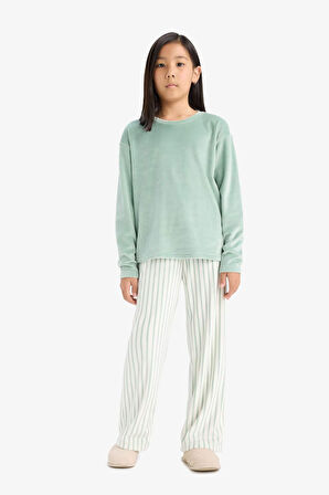 Kız Çocuk Pijama Takımı Uzun Kollu Üst Çizgili Uzun Alt