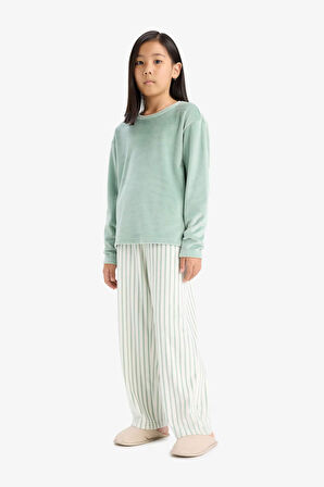 Kız Çocuk Pijama Takımı Uzun Kollu Üst Çizgili Uzun Alt