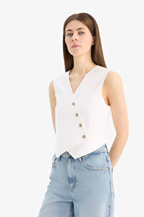 Regular Fit V Yaka Çapraz Düğme Kapamalı Tensel Blazer Yelek