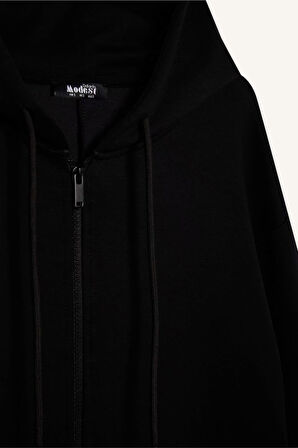 Relax Fit Kapüşonlu Basic Düz Fermuarlı Tunik Sweatshirt
