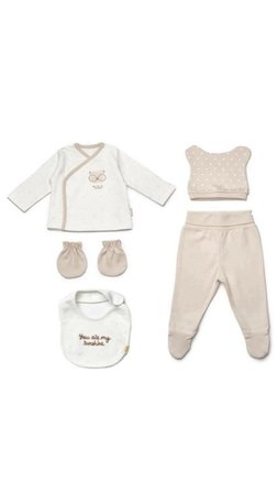 BabyCosy Organik Hastane Çıkışı 5li Ekru - Vizon BabyCosy Organik Hastane Çıkışı 5li Ekru - Vizon
