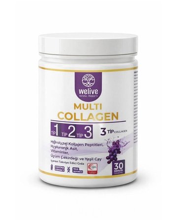 WeLive Multi Collagen Tip 1 Tip 2 Tip 3 Kolajen Tozu 300 g | Hyalüronik Asit, Vitaminler, Üzüm Çekirdeği ve Yeşil Çay Ekstres