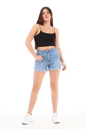 CEDY DENIM Kadın Yüksek Bel Duble Paça Kot Şort Klasik Mini Jean Şort C604