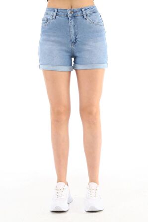 CEDY DENIM Kadın Yüksek Bel Duble Paça Kot Şort Klasik Mini Jean Şort C604