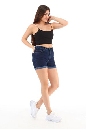 CEDY DENIM Kadın Yüksek Bel Duble Paça Kot Şort Klasik Mini Jean Şort C604