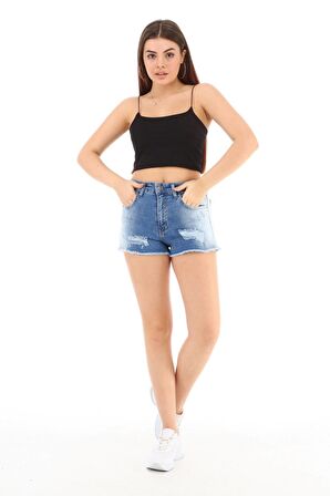 CEDY DENIM Kadın Yüksek Bel Yırtlıklı ve Yıpratmalı Paçası Püsküllü Kot Şort Mini Jean Şort C603