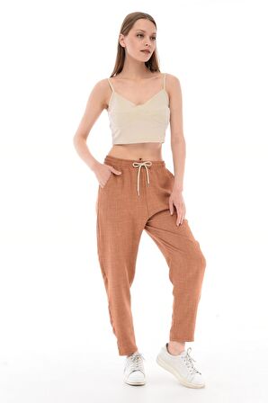 Kadın Sentetik Keten Büyük Beden Bel Lastikli Dar Paça Mom Pantolon C611-BB