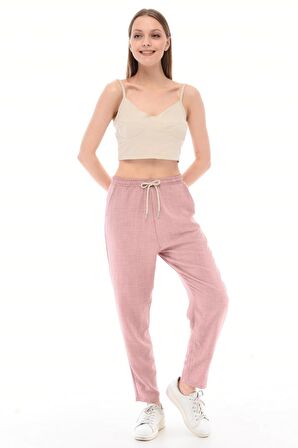 Kadın Sentetik Keten Büyük Beden Bel Lastikli Dar Paça Mom Pantolon C611-BB