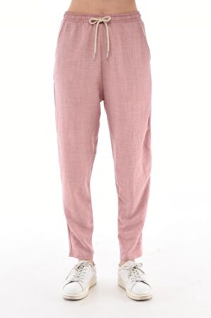 Kadın Sentetik Keten Büyük Beden Bel Lastikli Dar Paça Mom Pantolon C611-BB