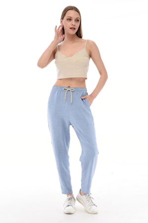 Kadın Sentetik Keten Büyük Beden Bel Lastikli Dar Paça Mom Pantolon C611-BB