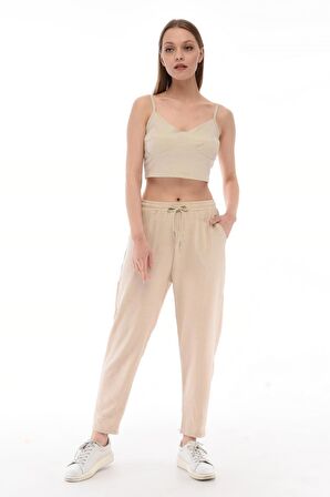 Kadın Sentetik Keten Büyük Beden Bel Lastikli Dar Paça Mom Pantolon C611-BB