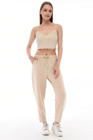 Kadın Sentetik Keten Büyük Beden Bel Lastikli Dar Paça Mom Pantolon C611-BB