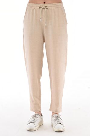 Kadın Sentetik Keten Büyük Beden Bel Lastikli Dar Paça Mom Pantolon C611-BB