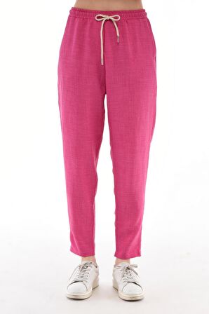 Kadın Sentetik Keten Büyük Beden Bel Lastikli Dar Paça Mom Pantolon C611-BB