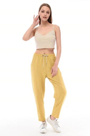 Kadın Sentetik Keten Büyük Beden Bel Lastikli Dar Paça Mom Pantolon C611-BB