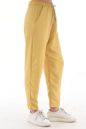 Kadın Sentetik Keten Büyük Beden Bel Lastikli Dar Paça Mom Pantolon C611-BB