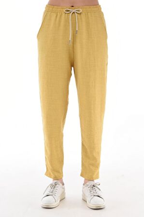 Kadın Sentetik Keten Büyük Beden Bel Lastikli Dar Paça Mom Pantolon C611-BB