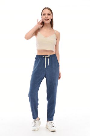 Kadın Sentetik Keten Büyük Beden Bel Lastikli Dar Paça Mom Pantolon C611-BB