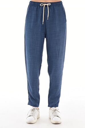 Kadın Sentetik Keten Büyük Beden Bel Lastikli Dar Paça Mom Pantolon C611-BB