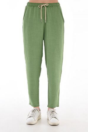 Kadın Sentetik Keten Büyük Beden Bel Lastikli Dar Paça Mom Pantolon C611-BB