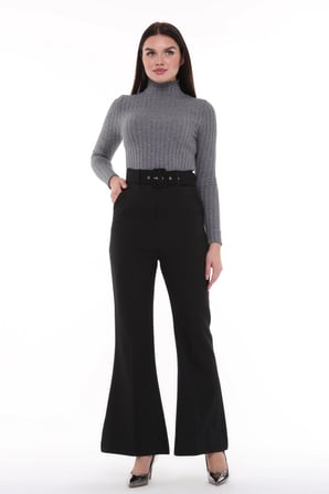 Kadın İspanyol Paça Yüksek Bel Kemerli Pantolon Oversize Orijinal Kesim C3004