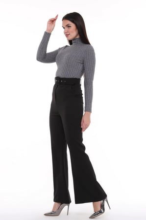 Kadın İspanyol Paça Yüksek Bel Kemerli Pantolon Oversize Orijinal Kesim C3004