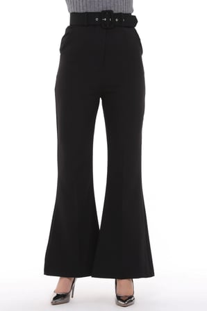 Kadın İspanyol Paça Yüksek Bel Kemerli Pantolon Oversize Orijinal Kesim C3004