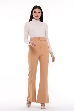 Kadın İspanyol Paça Yüksek Bel Kemerli Pantolon Oversize Orijinal Kesim C3004
