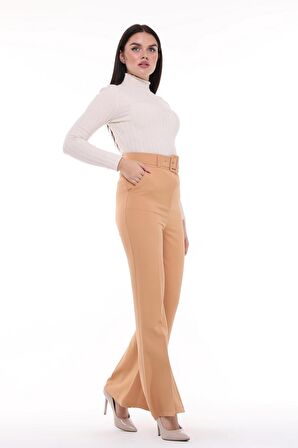 Kadın İspanyol Paça Yüksek Bel Kemerli Pantolon Oversize Orijinal Kesim C3004