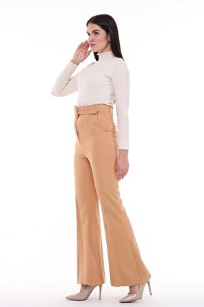 Kadın İspanyol Paça Yüksek Bel Kemerli Pantolon Oversize Orijinal Kesim C3004