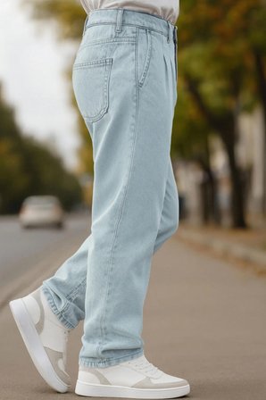 Erkek Pileli Yüksek Bel Bol Kesim Baggy Loose Fit Jean Pantolon-C354