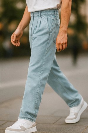 Erkek Pileli Yüksek Bel Bol Kesim Baggy Loose Fit Jean Pantolon-C354