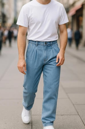 Erkek Pileli Yüksek Bel Bol Kesim Baggy Loose Fit Jean Pantolon-C354