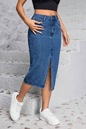 CEDY DENIM Yüksek Kalite  Midi Boy Yırtmaçlı Esnek Likralı Kot Etek  C624 