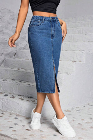 CEDY DENIM Yüksek Kalite  Midi Boy Yırtmaçlı Esnek Likralı Kot Etek  C624 