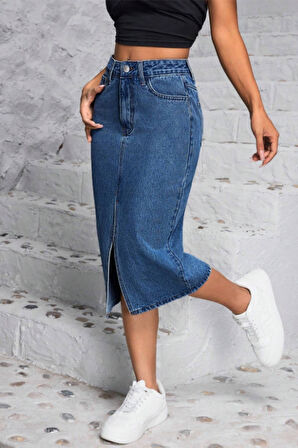 CEDY DENIM Yüksek Kalite  Midi Boy Yırtmaçlı Esnek Likralı Kot Etek  C624 