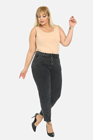 Mom Fit Jean Büyük Beden Yüksek Bel Carrot Kesim Dar Paça Pileli Esnek Kot Pantolon C600