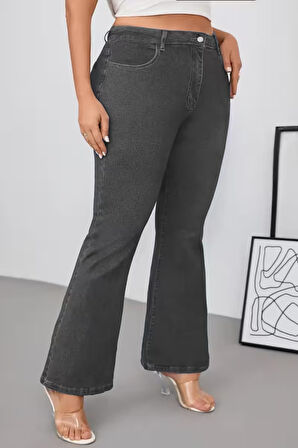 CEDY DENIM - Kadın Siyah Büyük Beden İspanyol Paça Yüksek Bel Skinny Fit Likralı Pantolon  C628