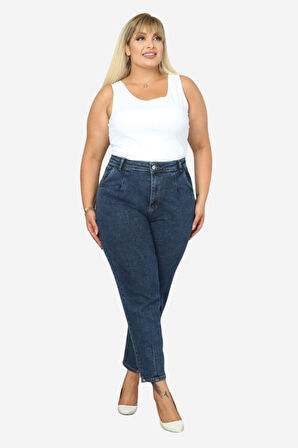 Mom Fit Jean Büyük Beden Yüksek Bel Carrot Kesim Dar Paça Pileli Esnek Kot Pantolon C600