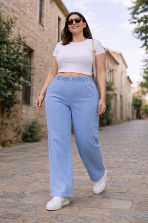 CEDY DENIM- Büyük Beden Likralı Kumaş  Cepsiz Beli Lastikli Palazzo Pantolon  C642 