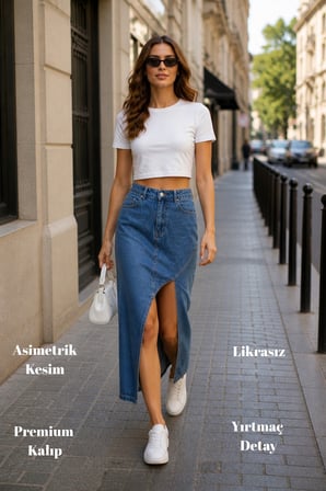 CEDY DENIM- Yırtmaçlı Denim Etek Asimetrik Kesim Kadın Jean Etek Günlük Şık Modern Kalıp Trend Etek