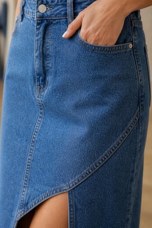 CEDY DENIM- Yırtmaçlı Denim Etek Asimetrik Kesim Kadın Jean Etek Günlük Şık Modern Kalıp Trend Etek