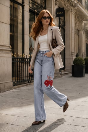 CEDY DENIM Kadın Yüksek Bel Straight Fit Kiraz Baskılı Buz Mavi Jean Pantolon E7007