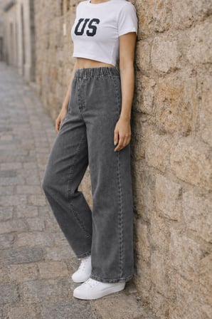 CEDY DENIM- Likralı Kumaş  Cepsiz Beli Lastikli Palazzo Pantolon  C640 