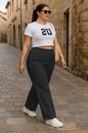 CEDY DENIM- Büyük Beden Likralı Kumaş  Cepsiz Beli Lastikli Palazzo Pantolon  C642 